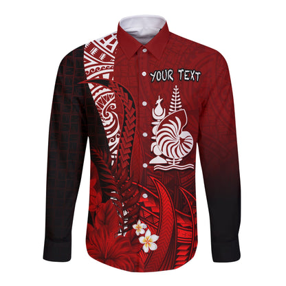 (Custom Personalised) New Caledonia Long Sleeve Button Shirt Nautilus Red Polynesian Hibiscus