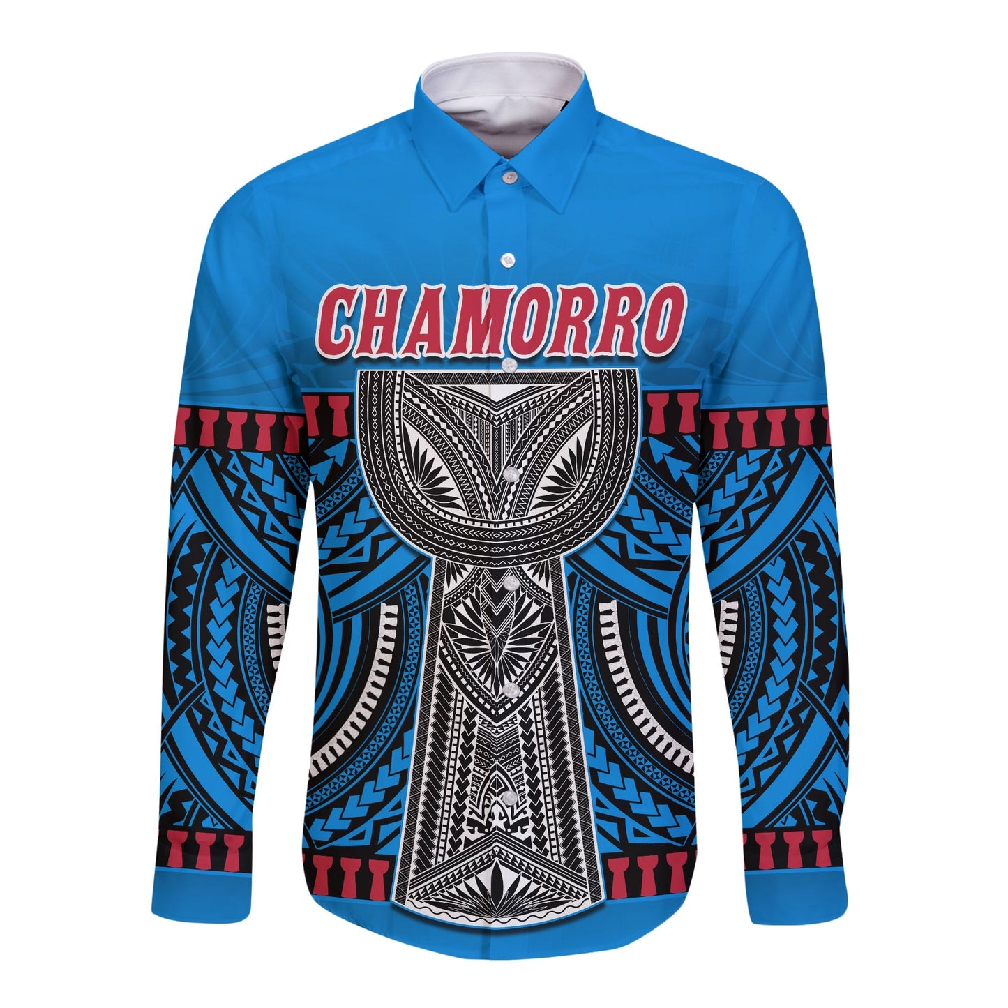(Custom Personalised) Guam Chamorro Long Sleeve Button Shirt Latte Stone Blue Polynesian Haligi