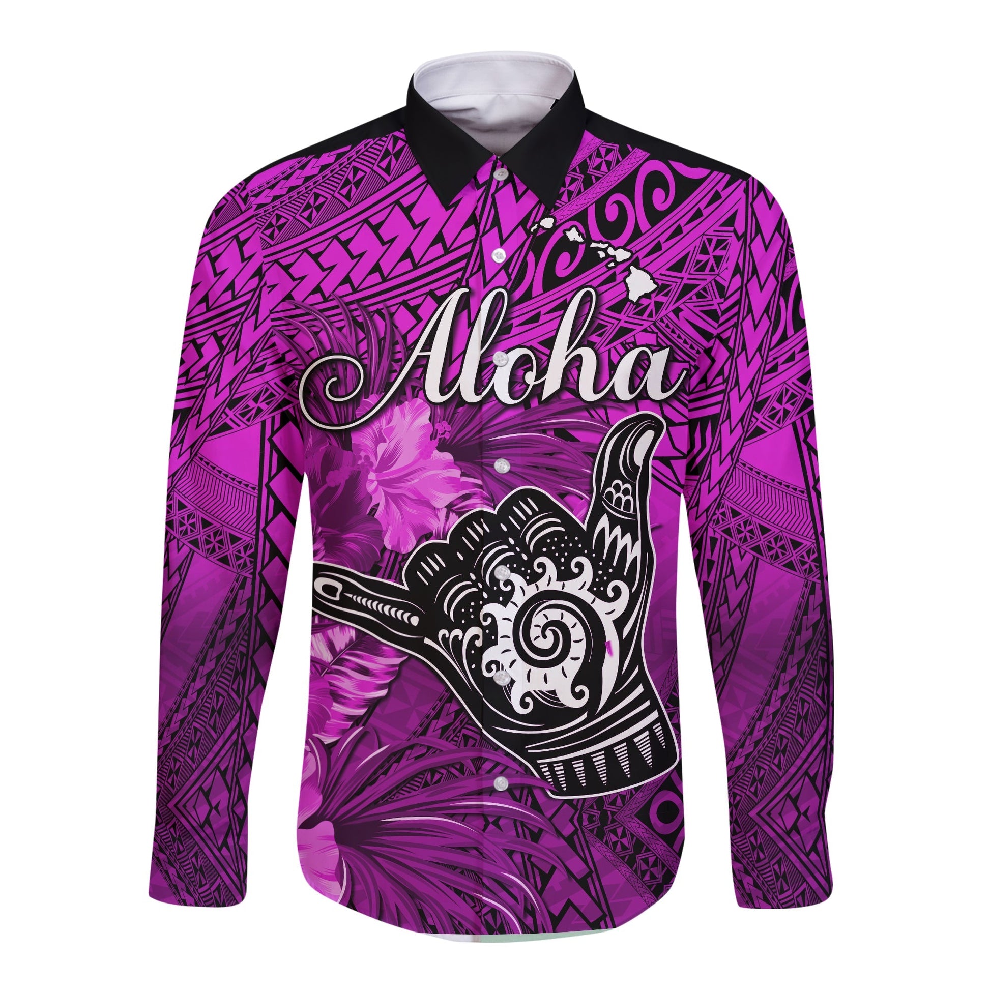 The Shaka Hawaii Long Sleeve Button Shirt Tropical Flowers Purple Version