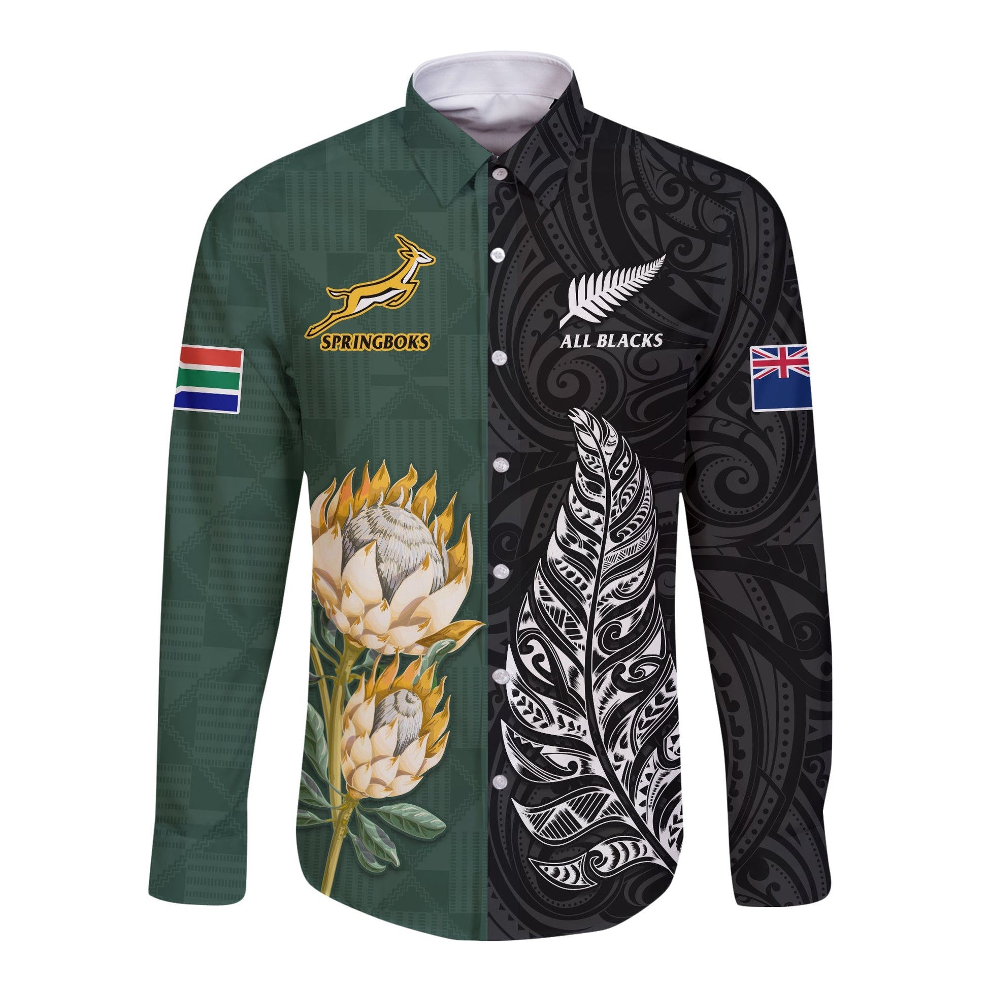 South Africa Protea and New Zealand Fern Long Sleeve Button Shirt Rugby Go Springboks vs All Black