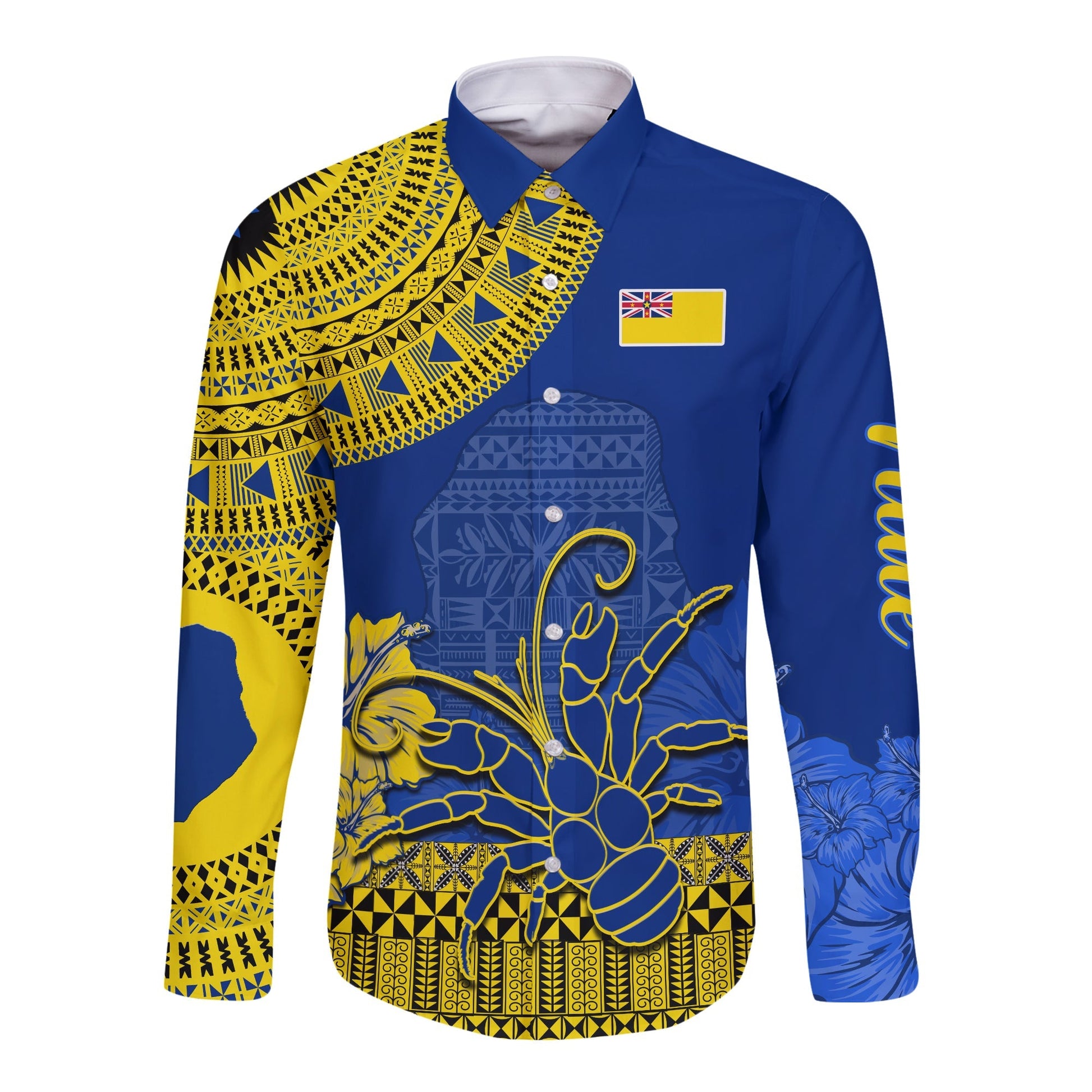 Niue Hiapo Long Sleeve Button Shirt Rock of Polynesia Tapa Niuean Crab Happy Day