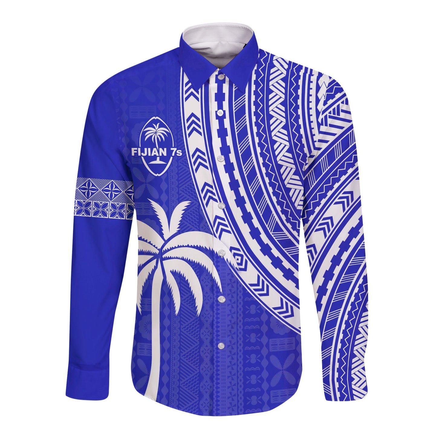 Fiji Rugby Sevens Long Sleeve Button Shirt Fijian 7s Tapa Polynesian Blue Ver.02