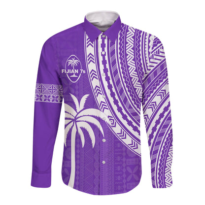 (Custom Text and Number) Fiji Rugby Sevens Long Sleeve Button Shirt Fijian 7s Tapa Polynesian Purple