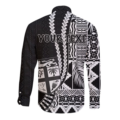 (Custom Personalised) Fiji Long Sleeve Button Shirt Masi Tapa Patterns Black Style