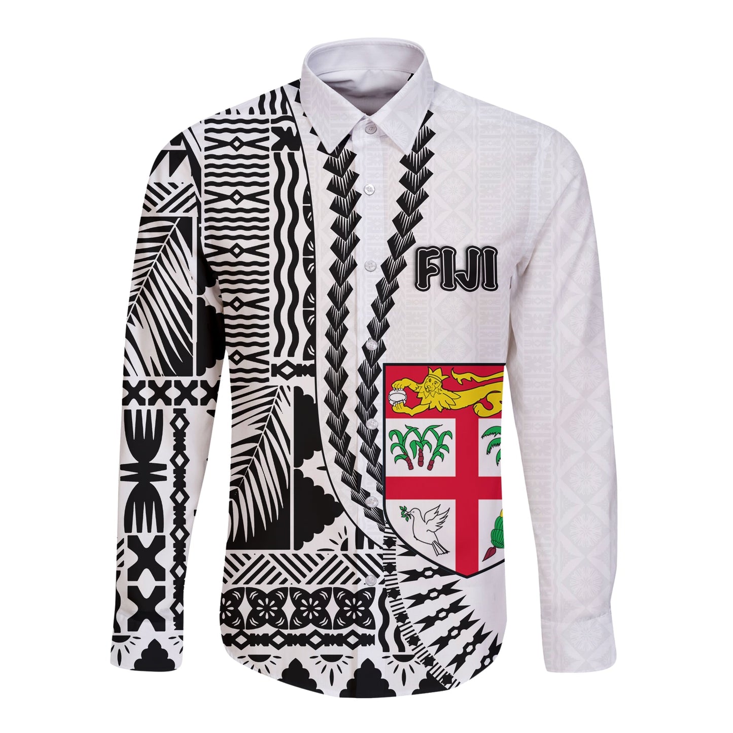 (Custom Personalised) Fiji Long Sleeve Button Shirt Masi Tapa Patterns White Style