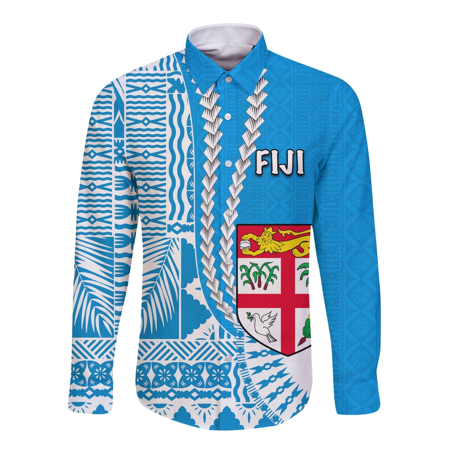 Fiji Long Sleeve Button Shirt Masi Tapa Patterns Blue Style