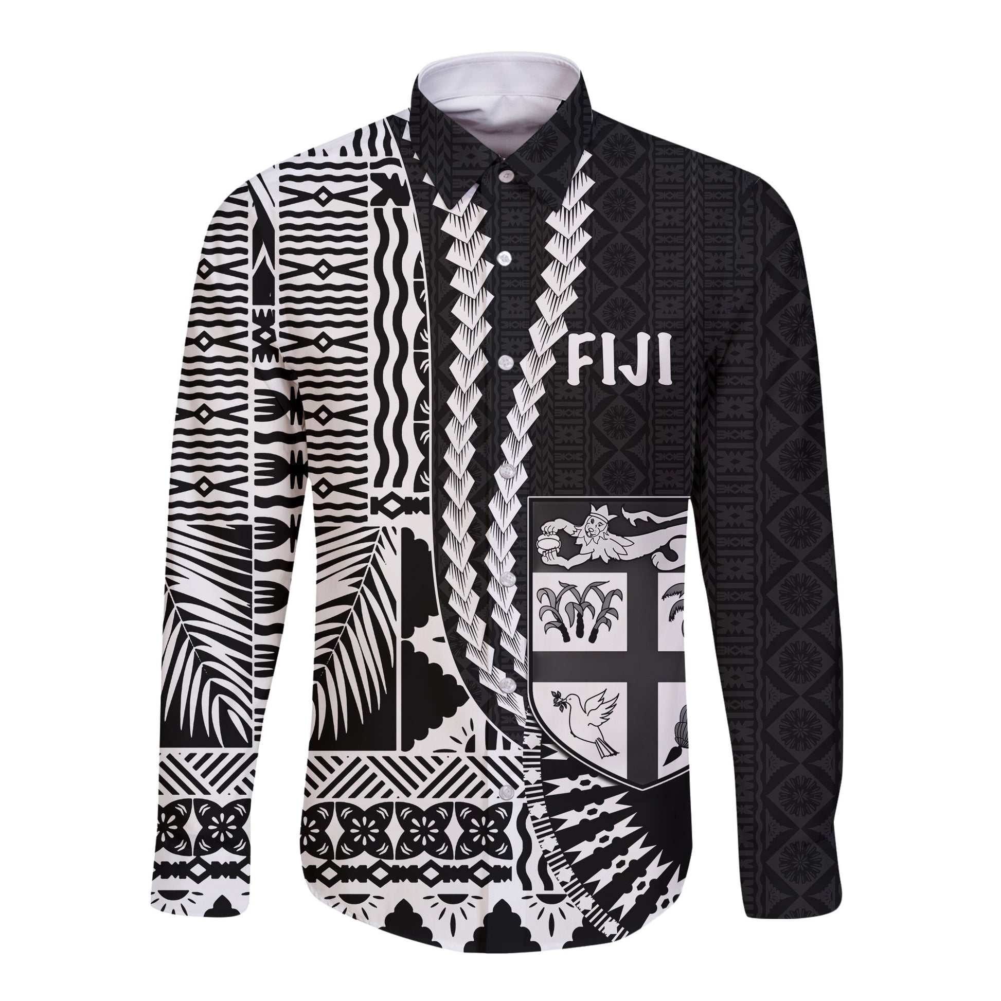 (Custom Personalised) Fiji Long Sleeve Button Shirt Masi Tapa Patterns Black Style