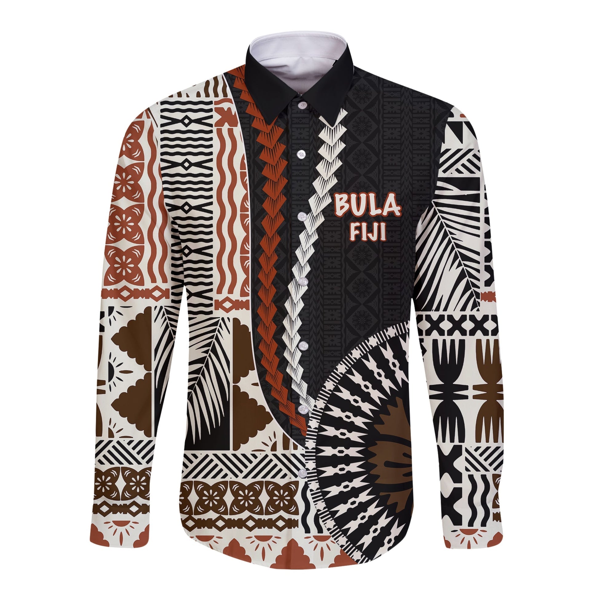 Bula Fiji Long Sleeve Button Shirt Masi Tapa Patterns Style