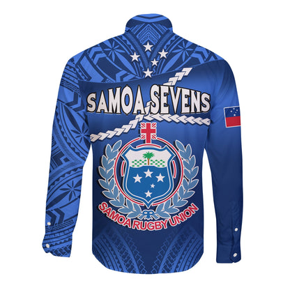 Samoa Rugby Long Sleeve Button Shirt Manu Samoa Polynesian Hibiscus Blue Style