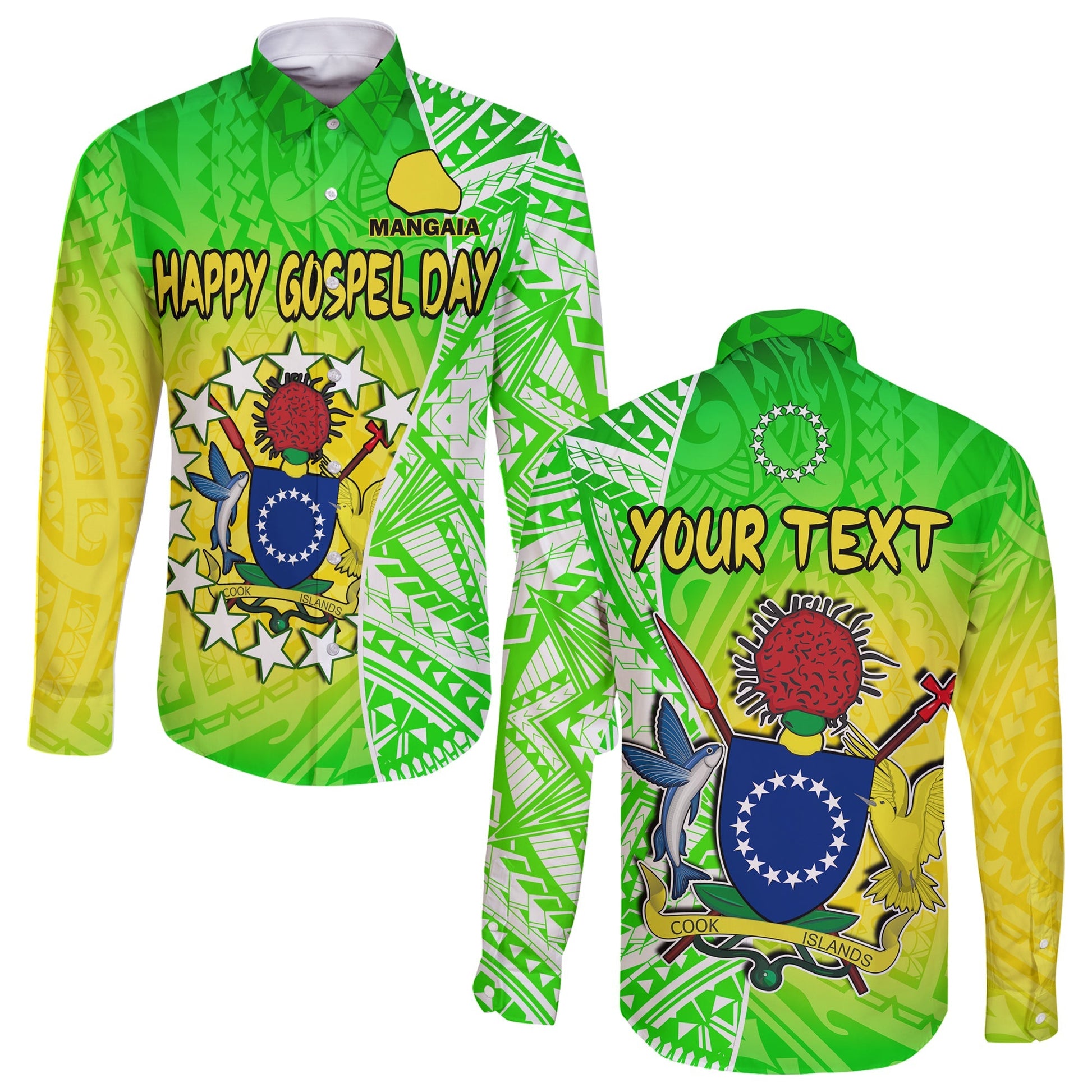 (Custom Personalised) Happy Mangaia Gospel Day Long Sleeve Button Shirt Cook Islands Coat Of Arms Polynesian Pattern