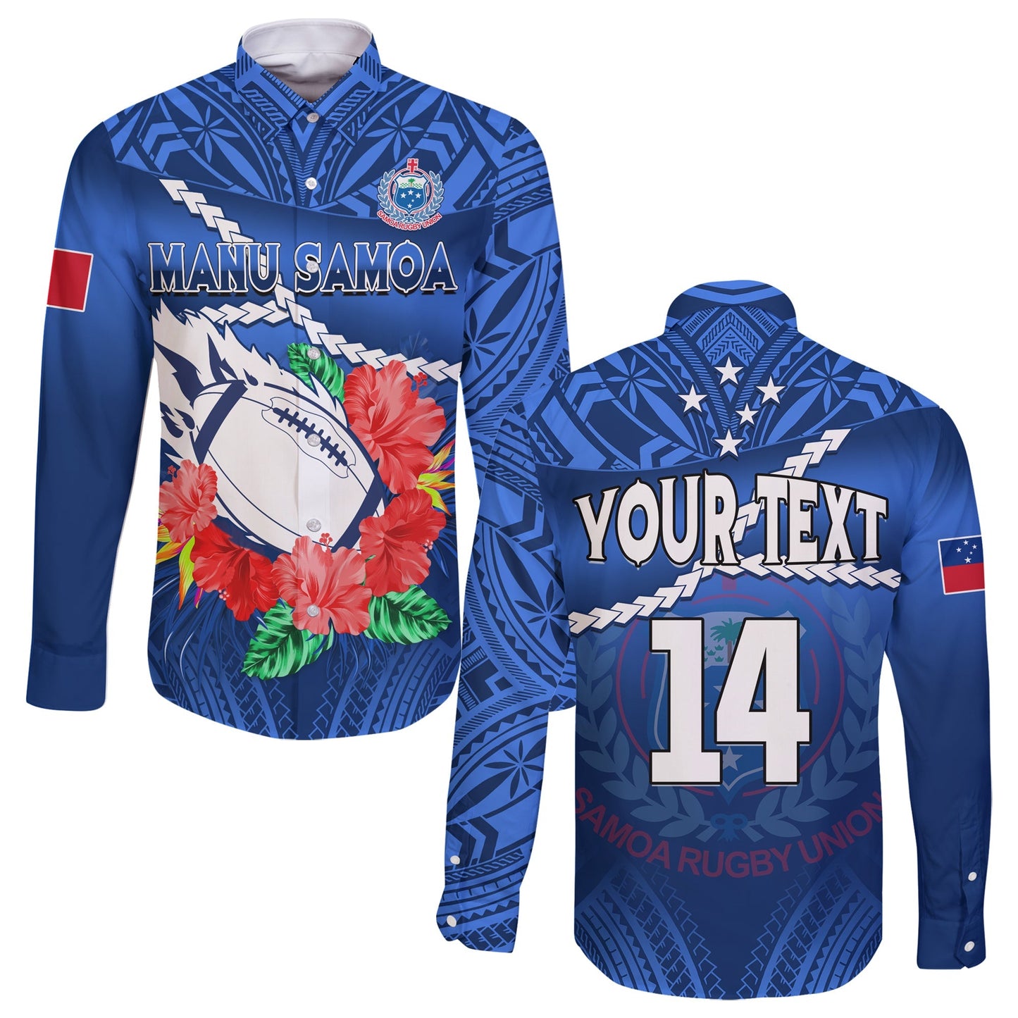 (Custom Text And Number) Samoa Rugby Long Sleeve Button Shirt Manu Samoa Polynesian Hibiscus Blue Style