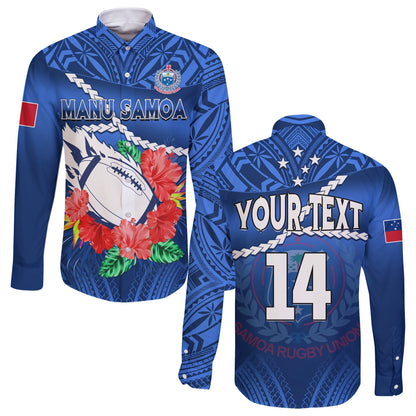 (Custom Text And Number) Samoa Rugby Long Sleeve Button Shirt Manu Samoa Polynesian Hibiscus Blue Style