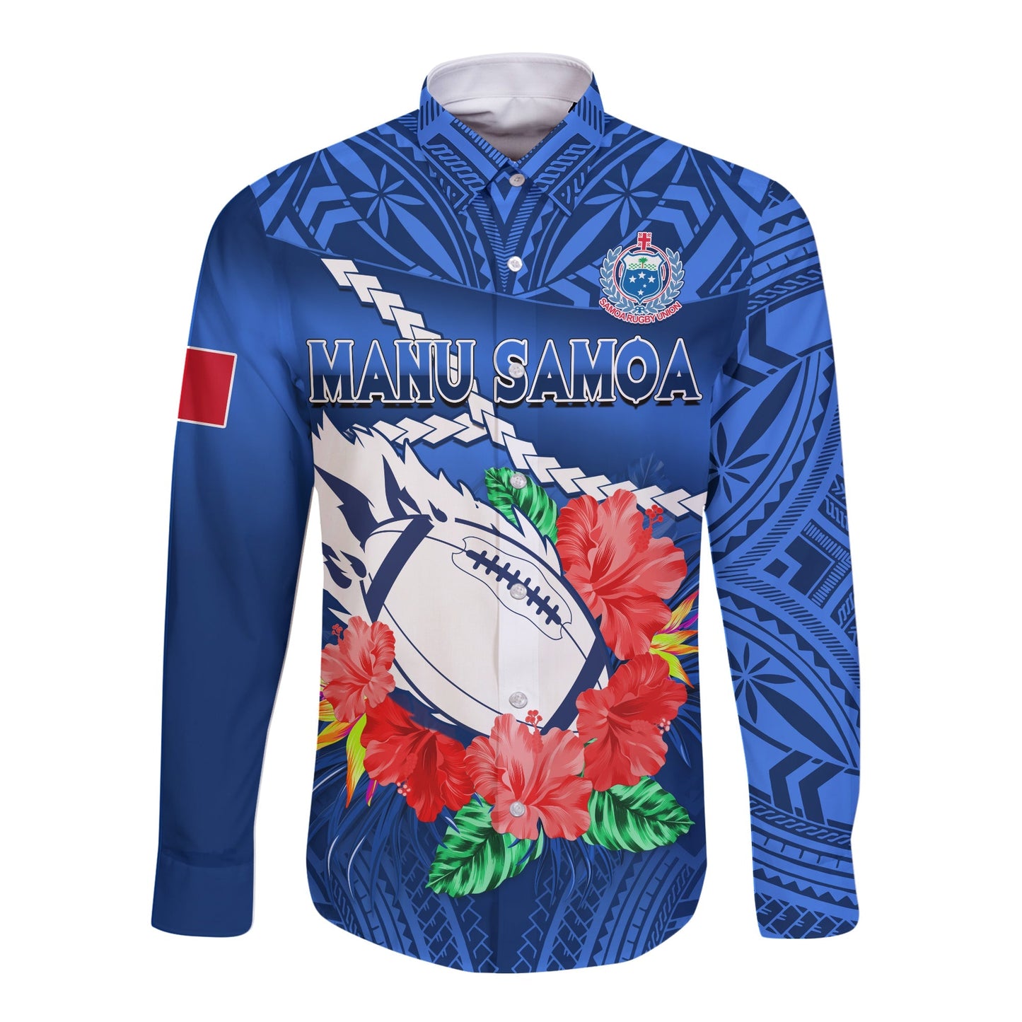 (Custom Text And Number) Samoa Rugby Long Sleeve Button Shirt Manu Samoa Polynesian Hibiscus Blue Style