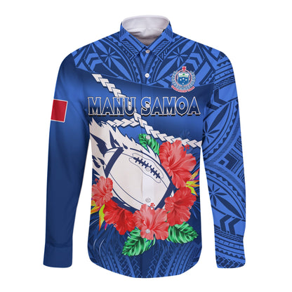 (Custom Text And Number) Samoa Rugby Long Sleeve Button Shirt Manu Samoa Polynesian Hibiscus Blue Style