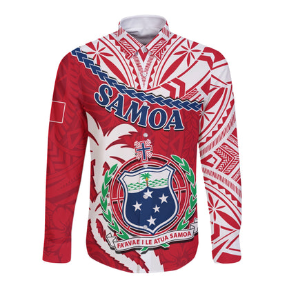 Samoa Long Sleeve Button Shirt Samoan Coat Of Arms With Coconut Red Style