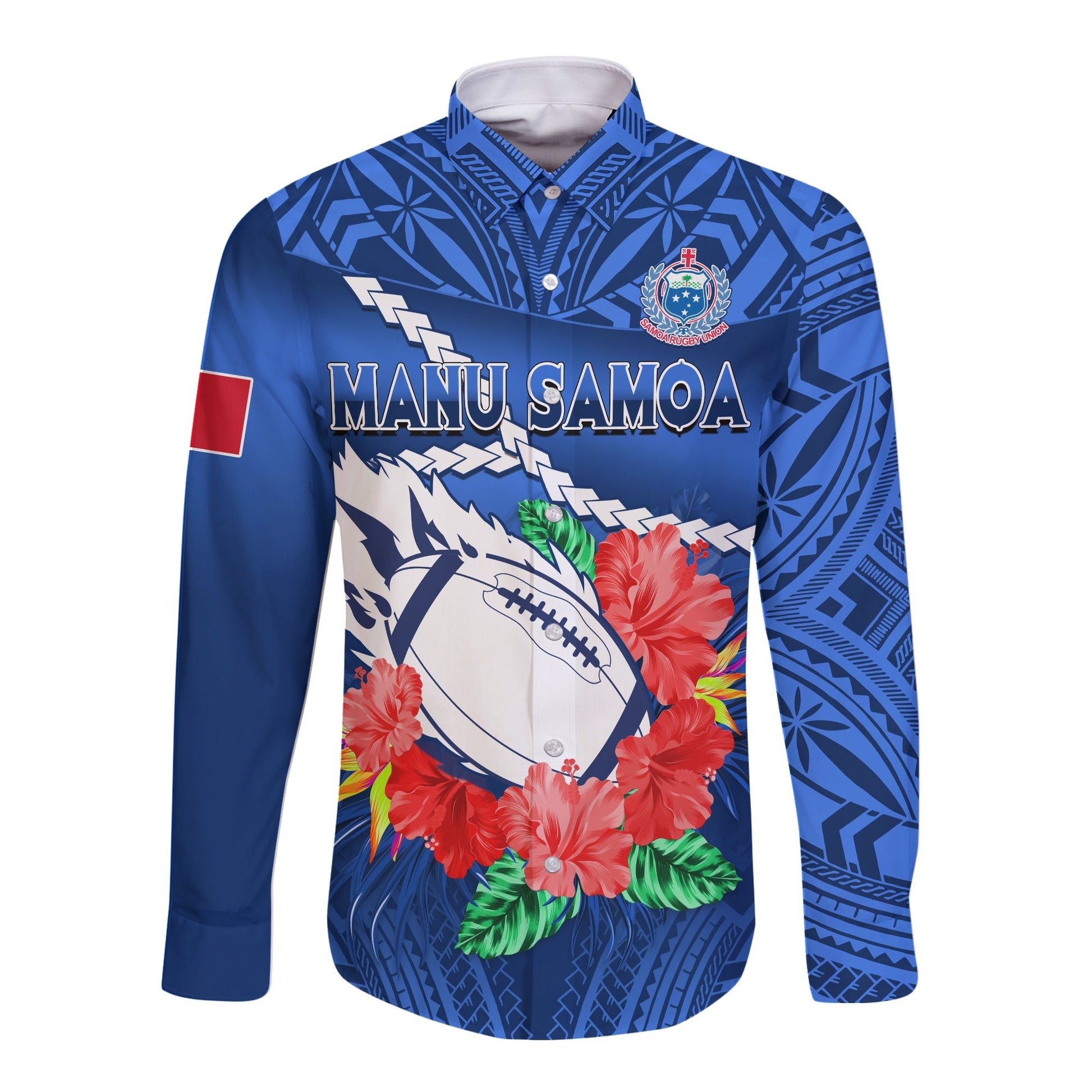 Samoa Rugby Long Sleeve Button Shirt Manu Samoa Polynesian Hibiscus Blue Style