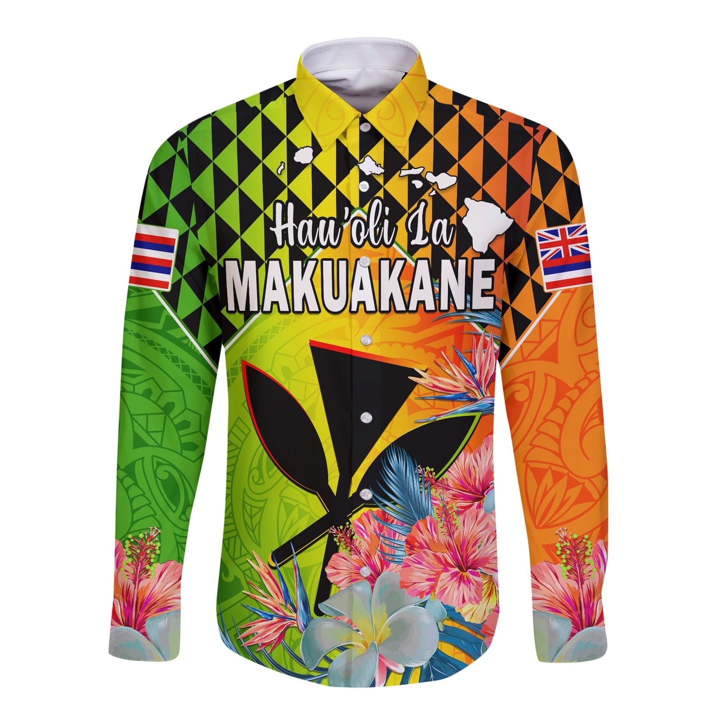 Happy Hawaii Fathers Day Long Sleeve Button Shirt Hawaiian Tribal Kanaka Maoli Hibiscus