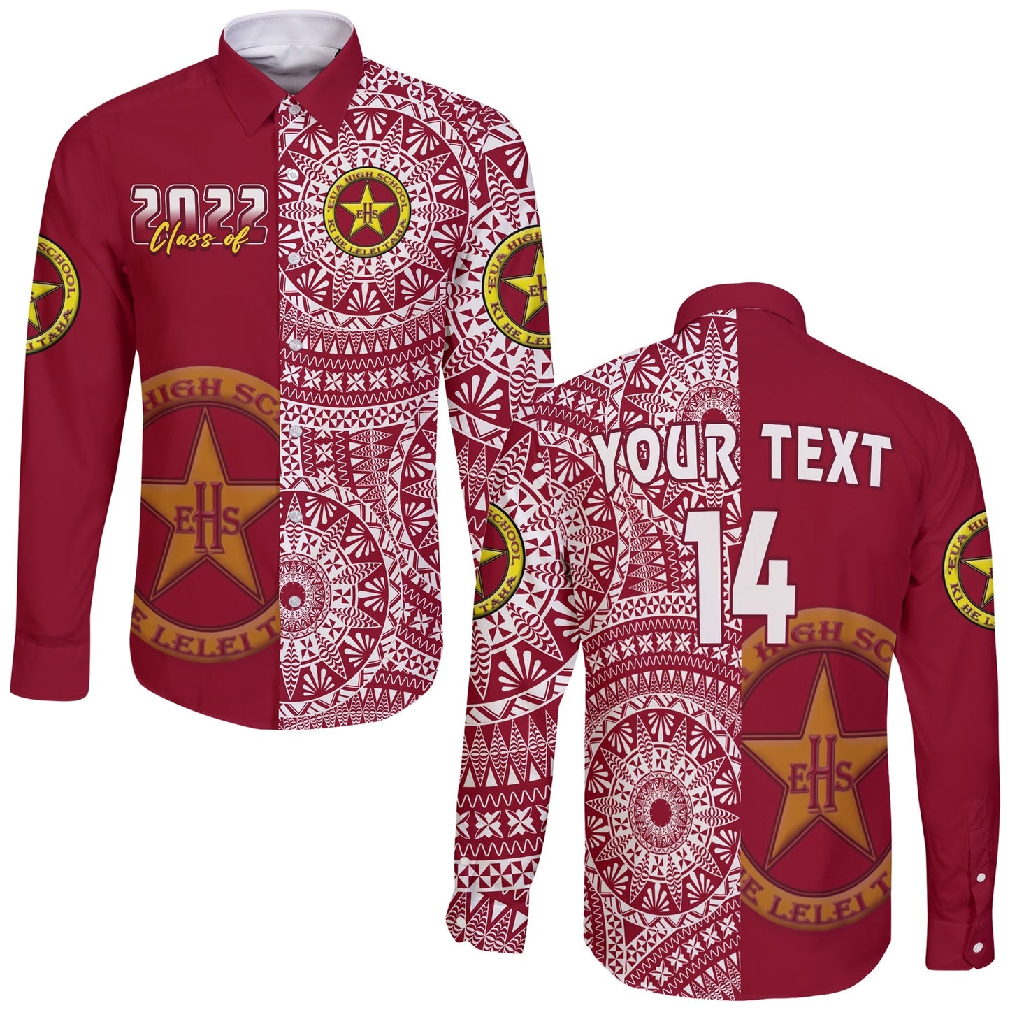 (Custom Text And Number) Tonga Eua High School Long Sleeve Button Shirt Class Of Year Tongan Ngatu Pattern