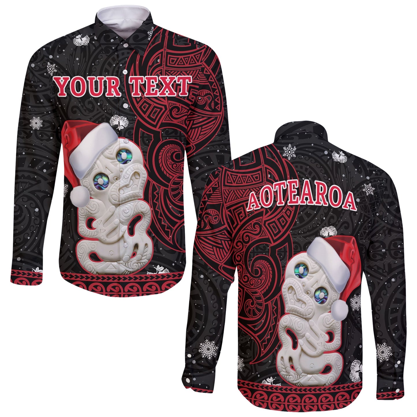 (Custom Personalised) New Zealand Christmas Long Sleeve Button Shirt Hei Tiki Red Pohutukawa Meri Kirihimete