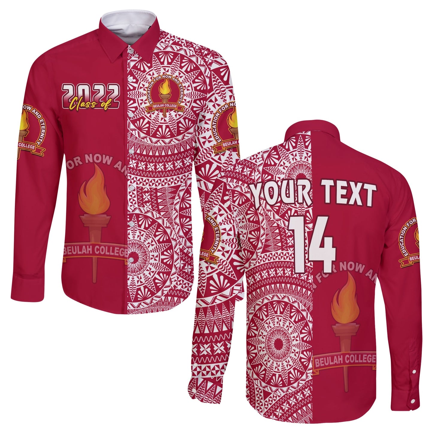 (Custom Text And Number) Beulah Tonga College Long Sleeve Button Shirt Class Of Year Tongan Ngatu Pattern