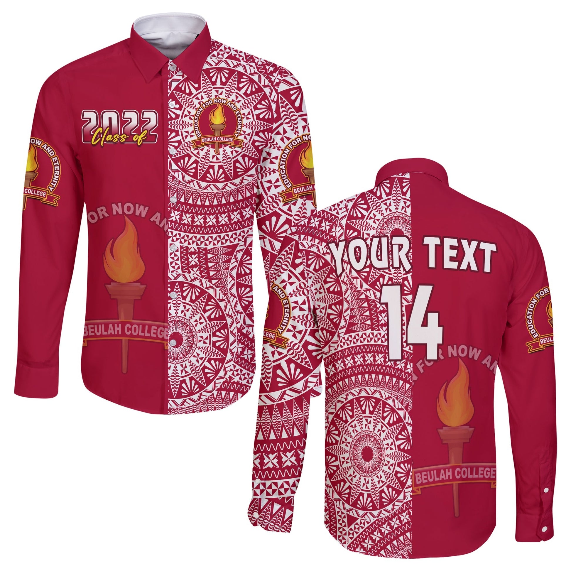 (Custom Text And Number) Beulah Tonga College Long Sleeve Button Shirt Class Of Year Tongan Ngatu Pattern