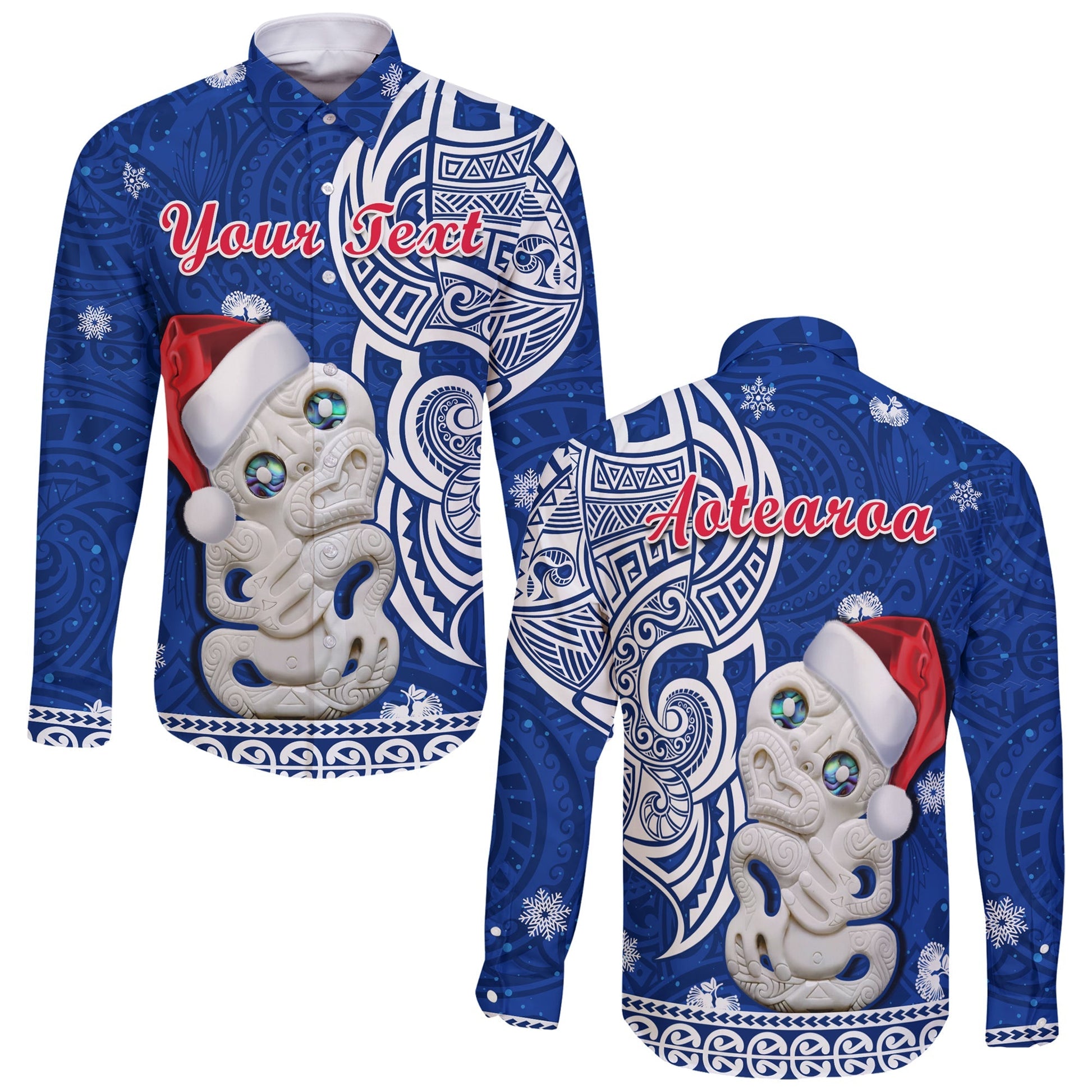 (Custom Personalised) New Zealand Christmas Long Sleeve Button Shirt Hei Tiki Blue Pohutukawa Meri Kirihimete