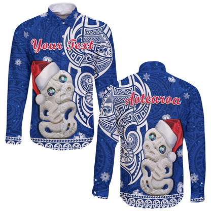 (Custom Personalised) New Zealand Christmas Long Sleeve Button Shirt Hei Tiki Blue Pohutukawa Meri Kirihimete