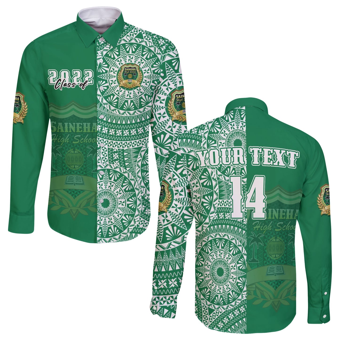 (Custom Text And Number) Tonga Saineha High School Long Sleeve Button Shirt Class Of Year Tongan Ngatu Pattern