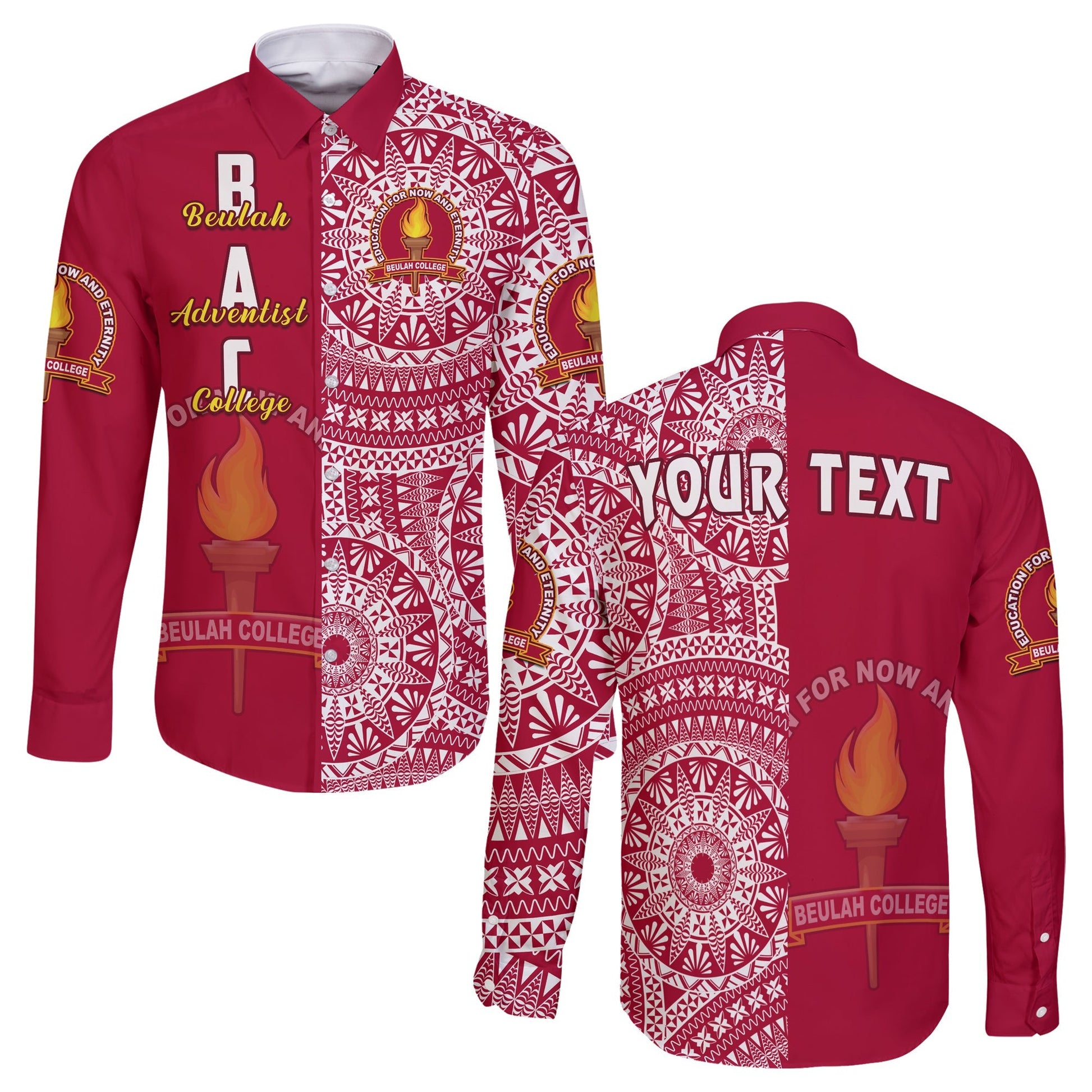 (Custom Personalised) Beulah Tonga College Long Sleeve Button Shirt Tongan Ngatu Pattern