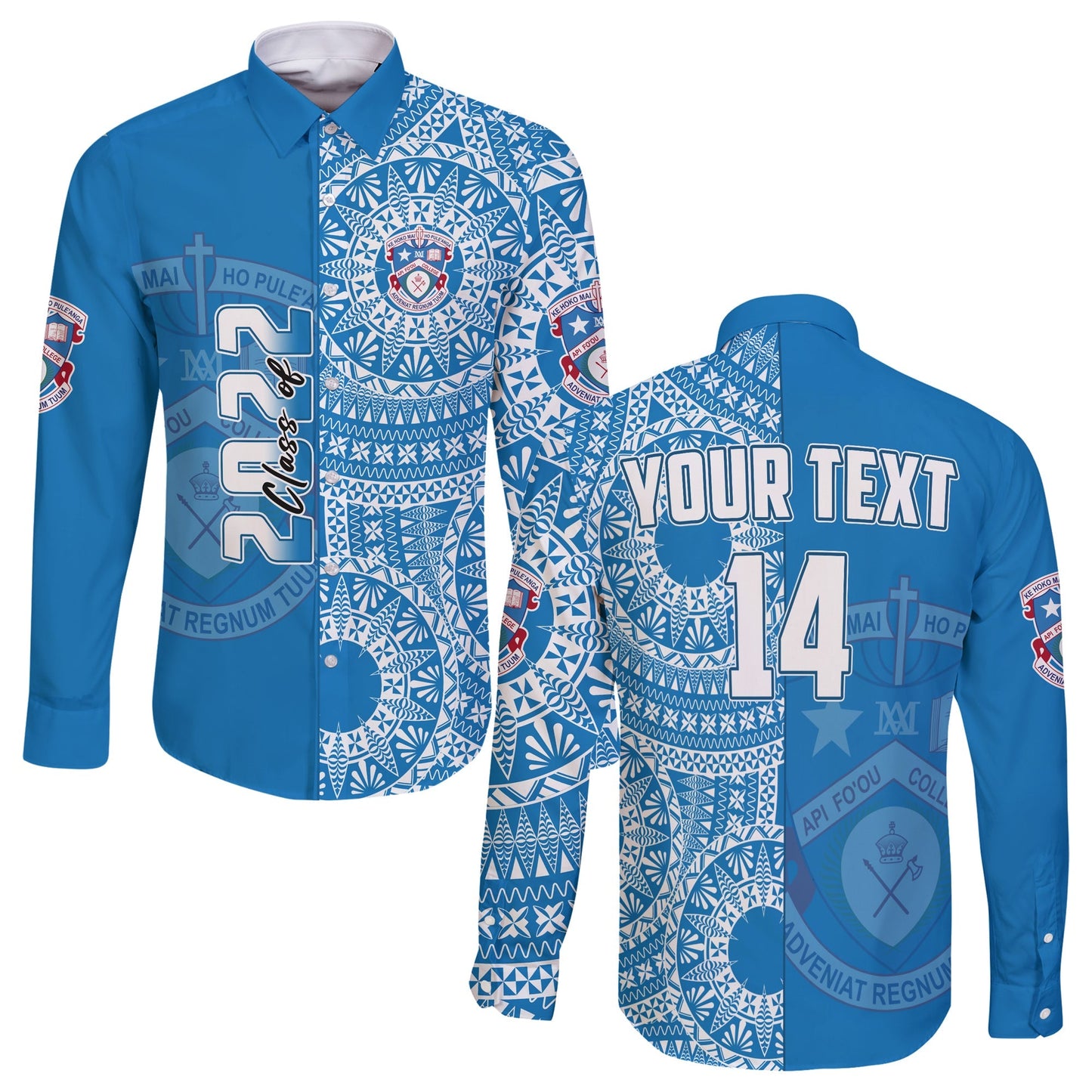 (Custom Text And Number) Apifoou Tonga College Long Sleeve Button Shirt Class Of Year Tongan Ngatu Pattern