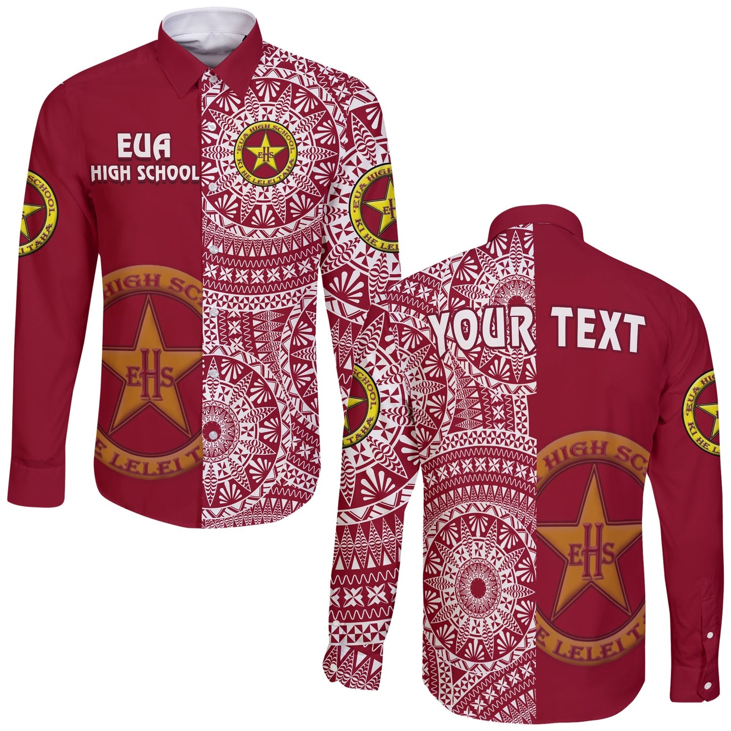 (Custom Personalised) Tonga Eua High School Long Sleeve Button Shirt Tongan Ngatu Pattern
