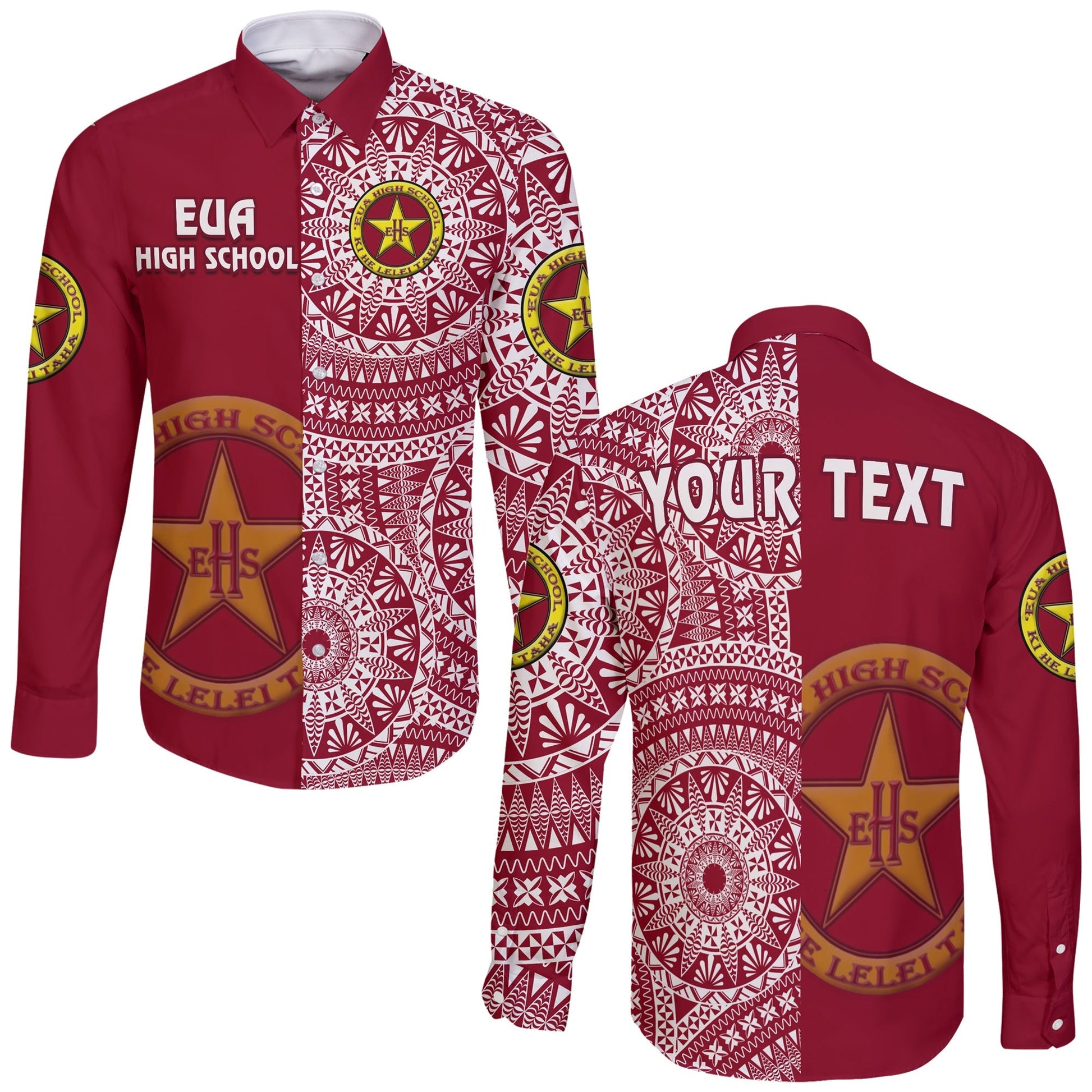 (Custom Personalised) Tonga Eua High School Long Sleeve Button Shirt Tongan Ngatu Pattern