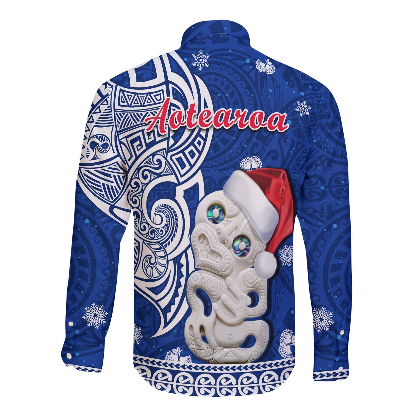 New Zealand Christmas Long Sleeve Button Shirt Hei Tiki Blue Pohutukawa Meri Kirihimete