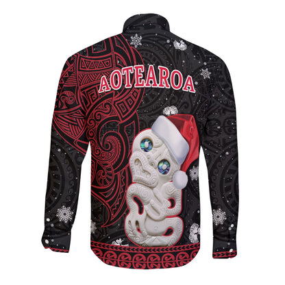 New Zealand Christmas Long Sleeve Button Shirt Hei Tiki Red Pohutukawa Meri Kirihimete