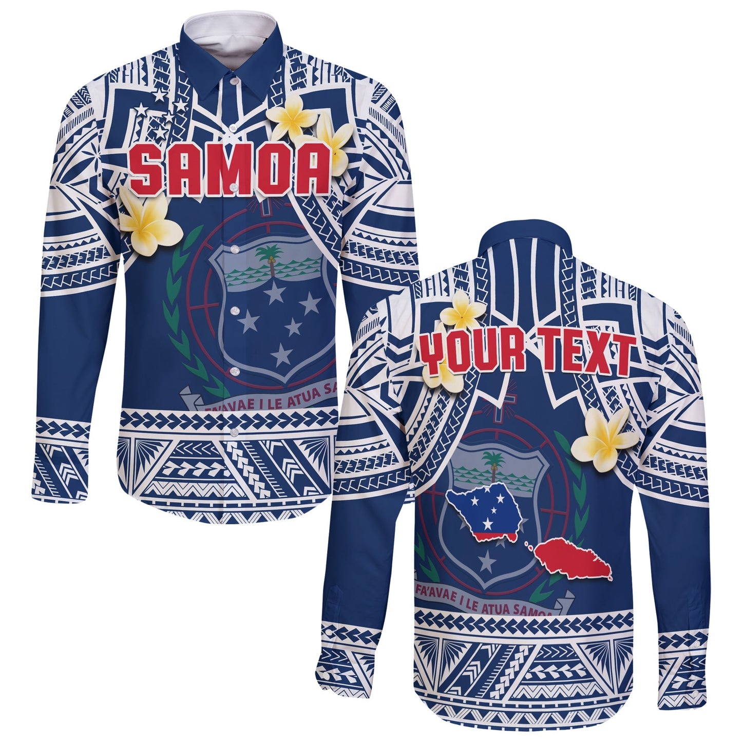 (Custom Personalised) Samoa Long Sleeve Button Shirt Samoan Plumeria Flowers Mix Polynesian Pattern