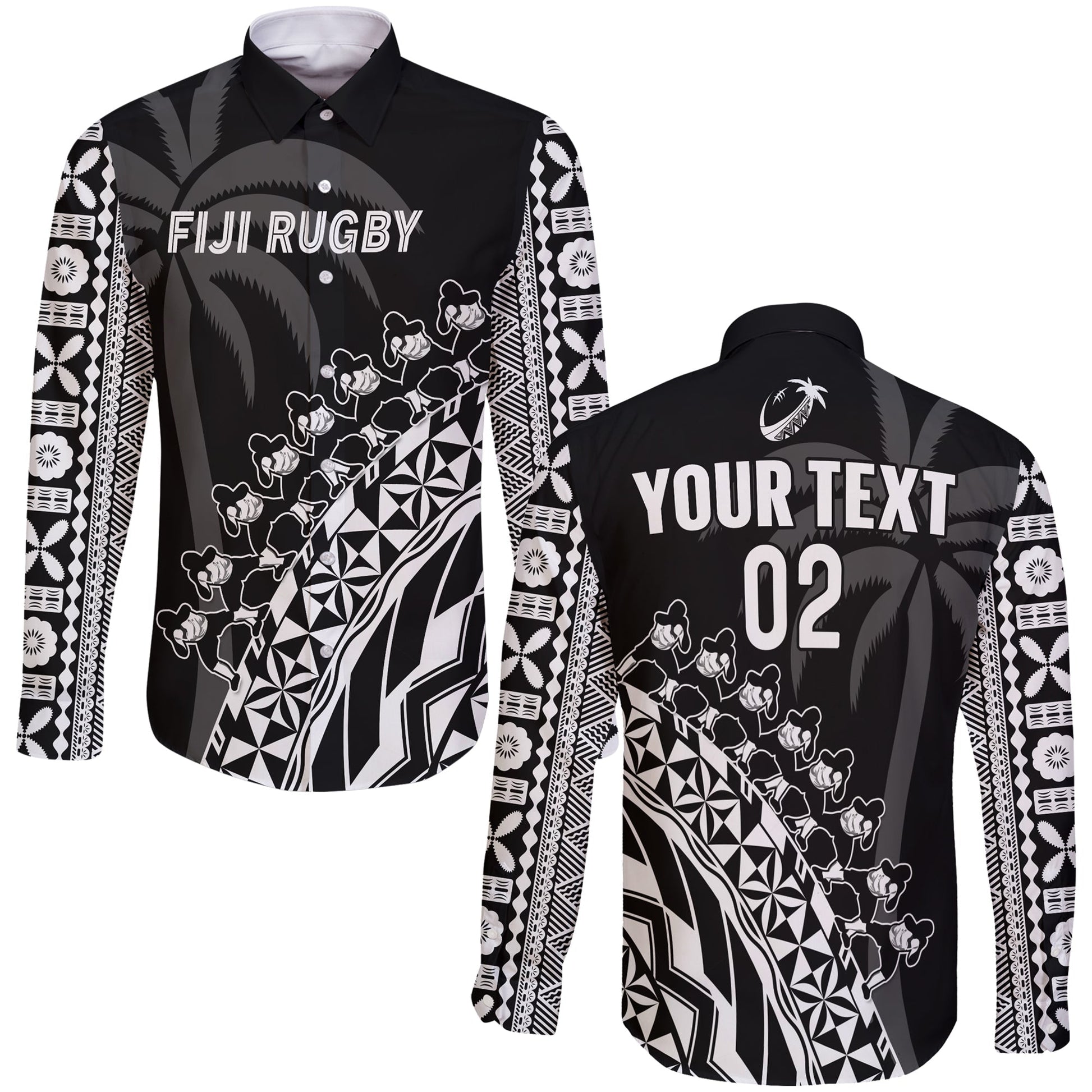 (Custom Text And Number) Fiji Rugby Long Sleeve Button Shirt Fijian Cibi Dance Tapa Pattern Black