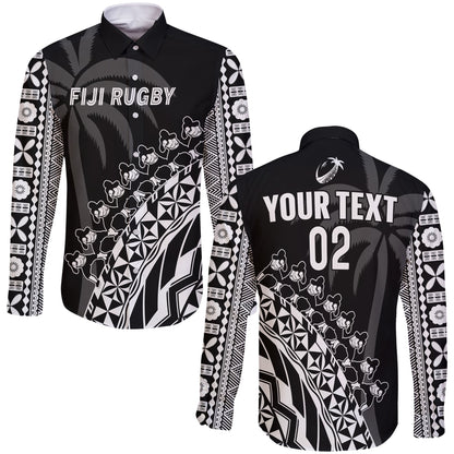 (Custom Text And Number) Fiji Rugby Long Sleeve Button Shirt Fijian Cibi Dance Tapa Pattern Black