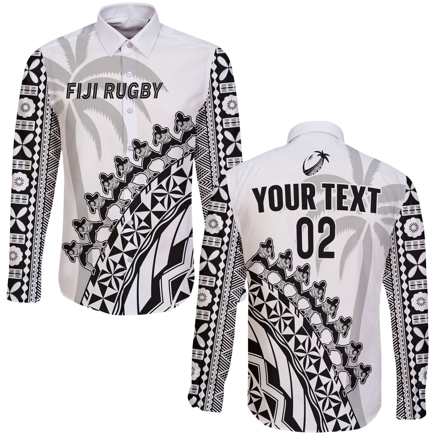 (Custom Text And Number) Fiji Rugby Long Sleeve Button Shirt Fijian Cibi Dance Tapa Pattern White