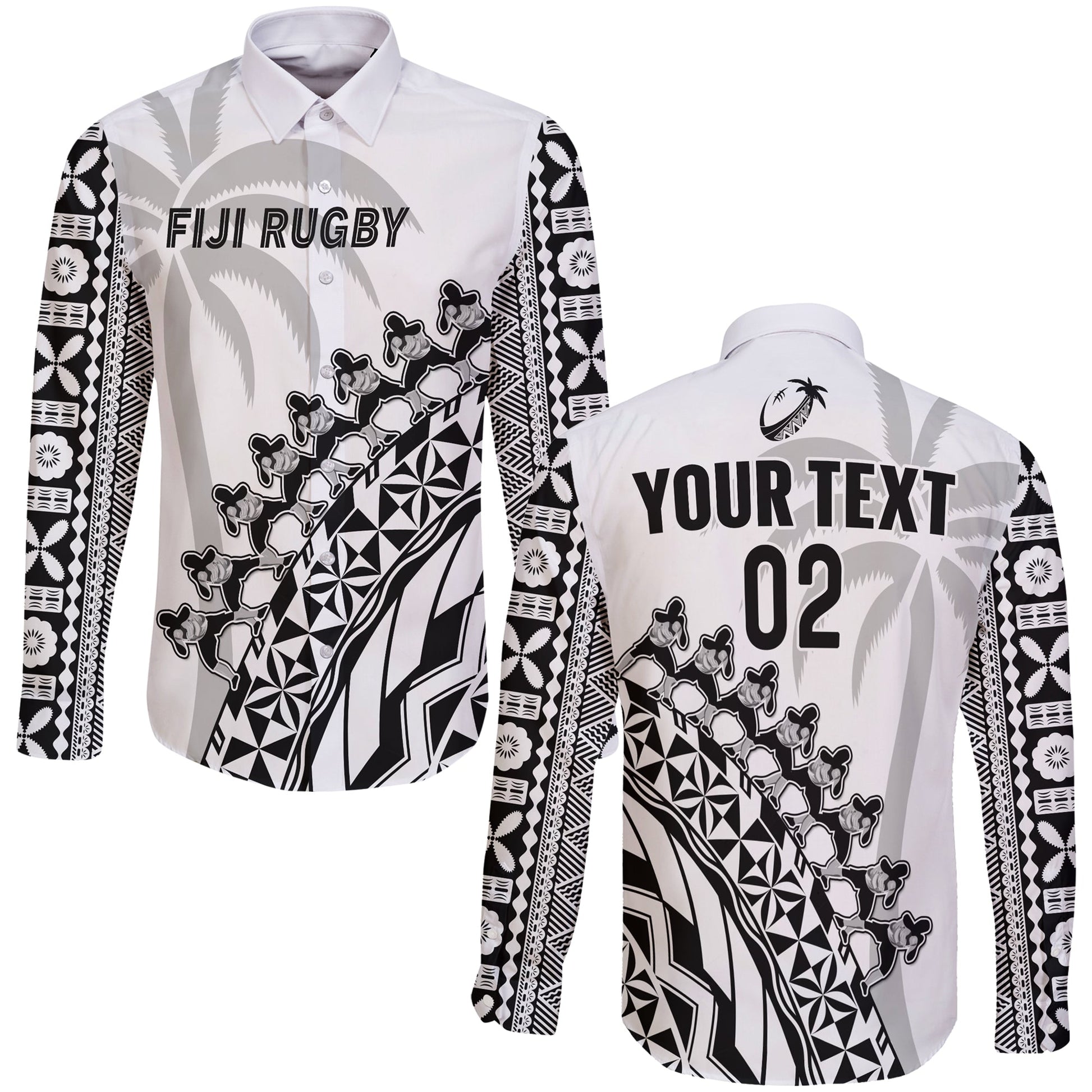 (Custom Text And Number) Fiji Rugby Long Sleeve Button Shirt Fijian Cibi Dance Tapa Pattern White