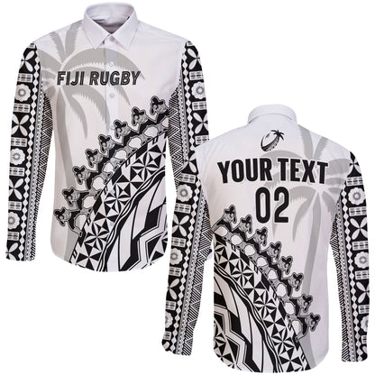 (Custom Text And Number) Fiji Rugby Long Sleeve Button Shirt Fijian Cibi Dance Tapa Pattern White
