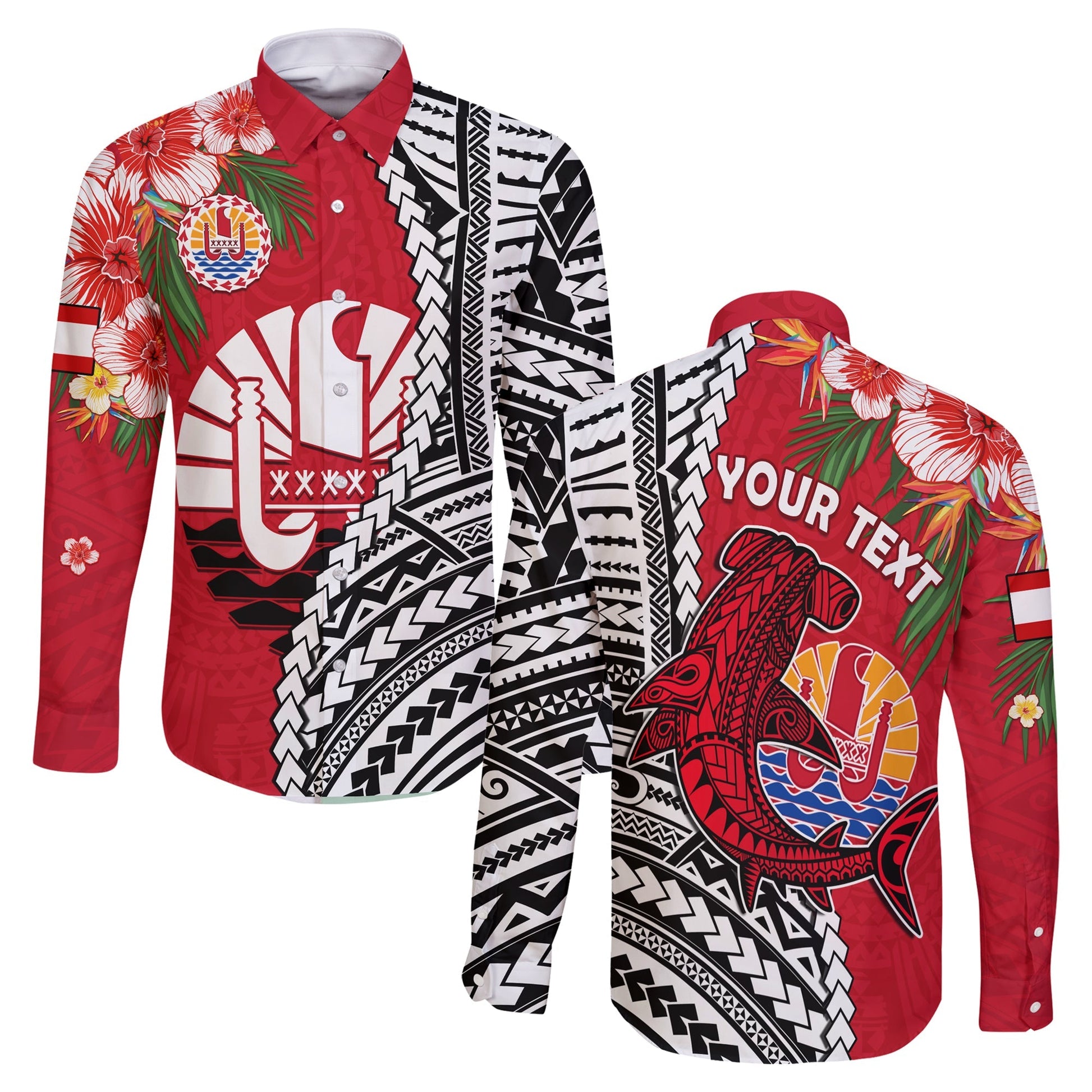 (Custom Personalised) Tahiti Islands Long Sleeve Button Shirt Polynesian Shark Mix Tropical Flowers