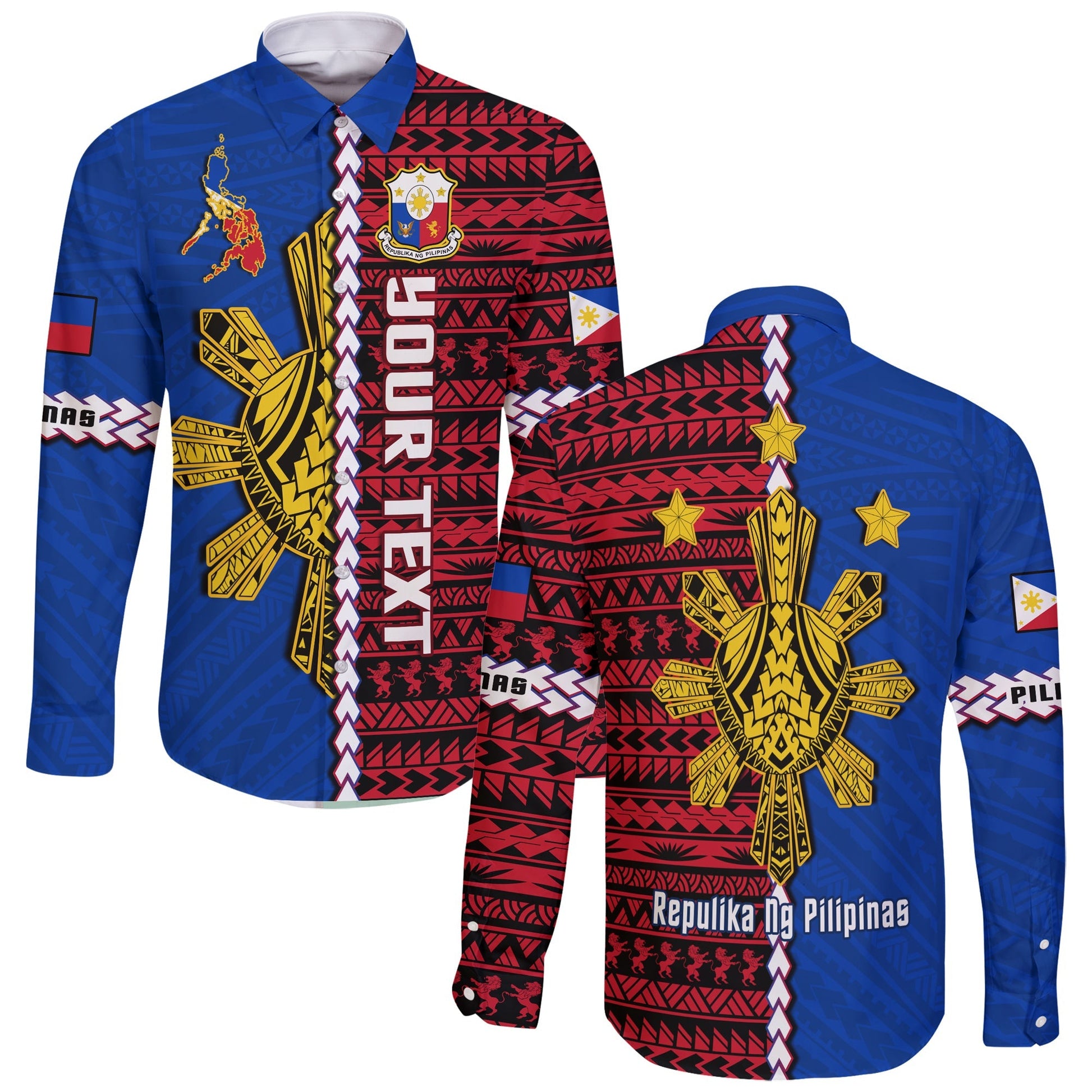 (Custom Personalised) Philippines Long Sleeve Button Shirt Pilipinas Sun Mix Polynesian Pattern