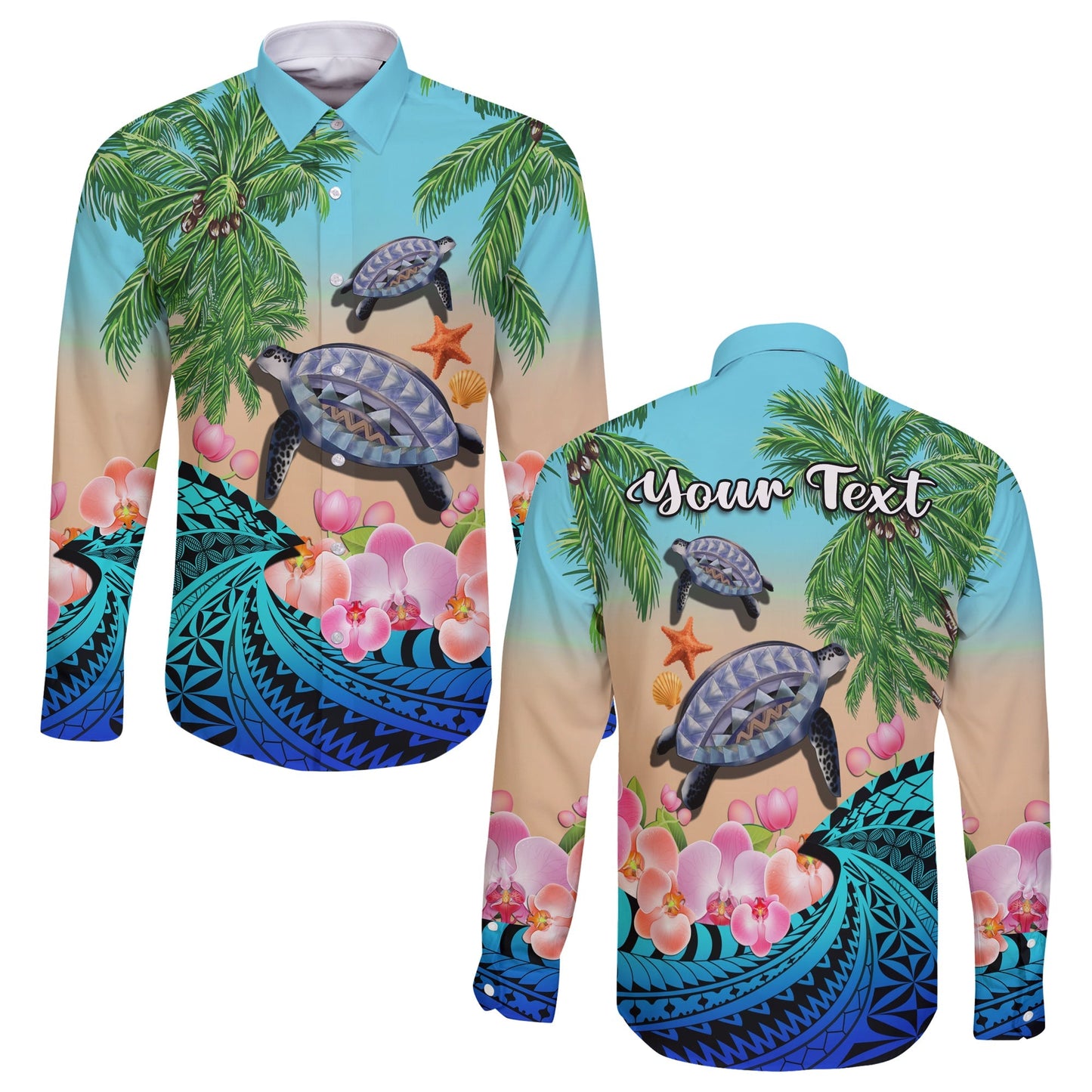 (Custom Personalised) Polynesian Turtle Coconut Tree And Orchids Long Sleeve Button Shirt