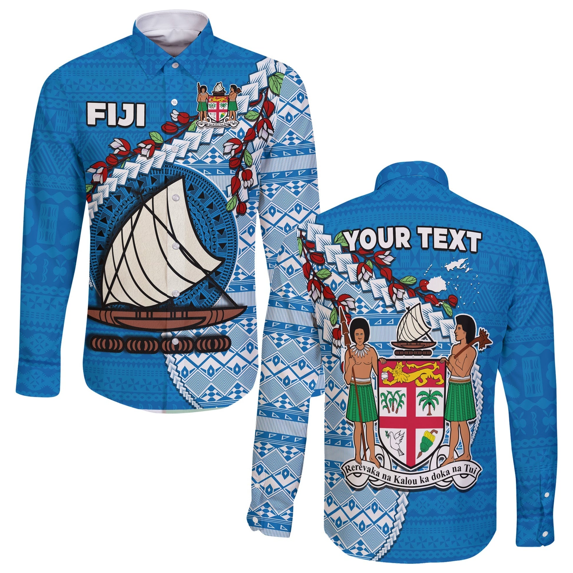 (Custom Personalised) Fiji Long Sleeve Button Shirt Fijian Drua Mix Tagimaucia Flower Blue Style