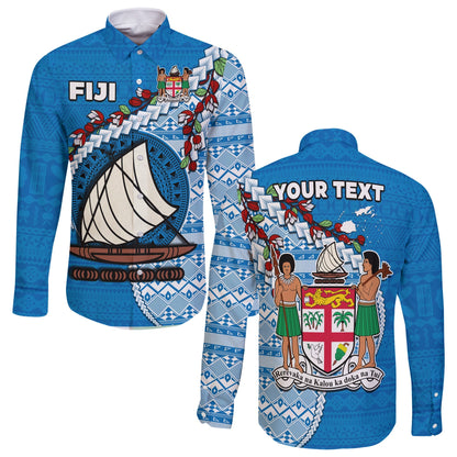 (Custom Personalised) Fiji Long Sleeve Button Shirt Fijian Drua Mix Tagimaucia Flower Blue Style