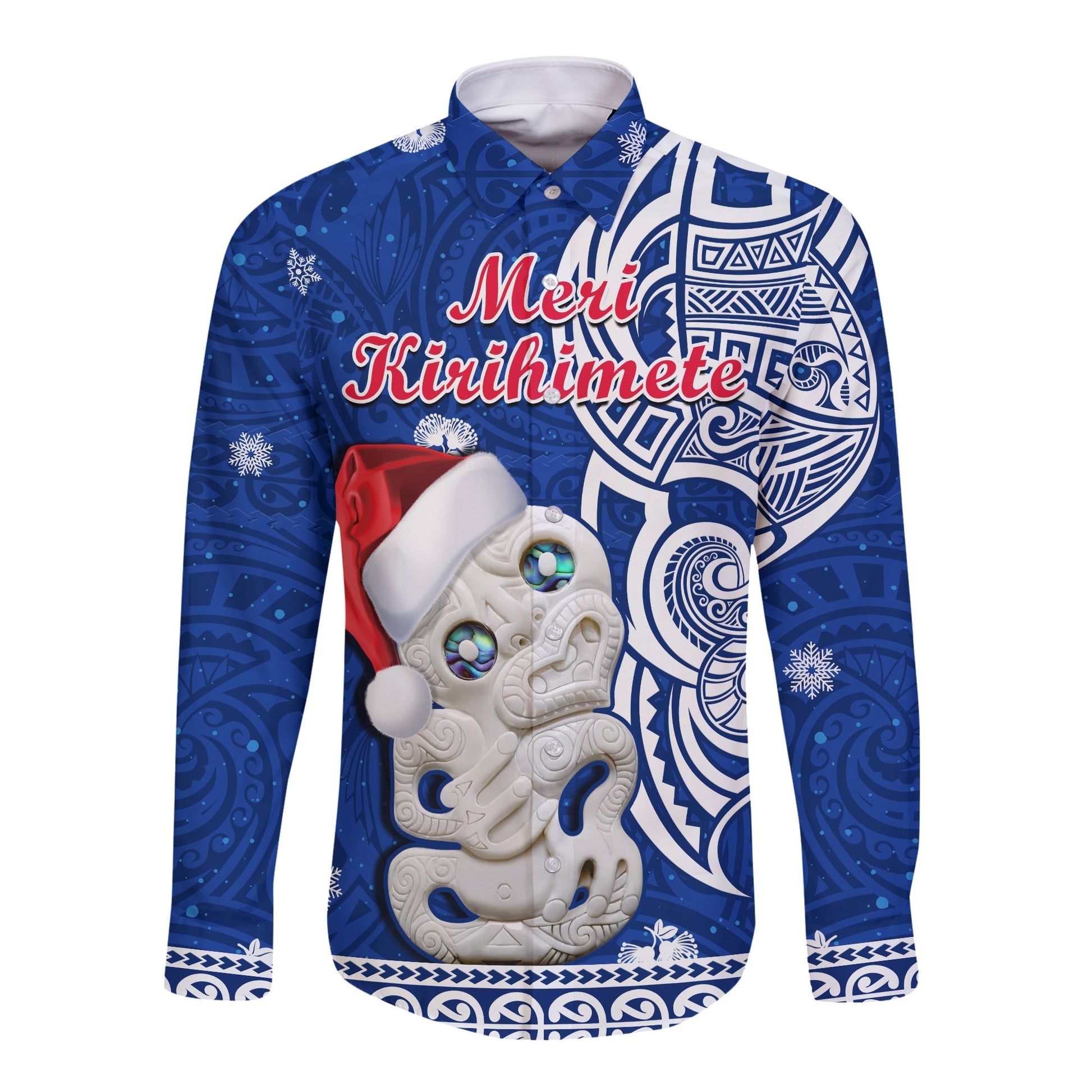 New Zealand Christmas Long Sleeve Button Shirt Hei Tiki Blue Pohutukawa Meri Kirihimete