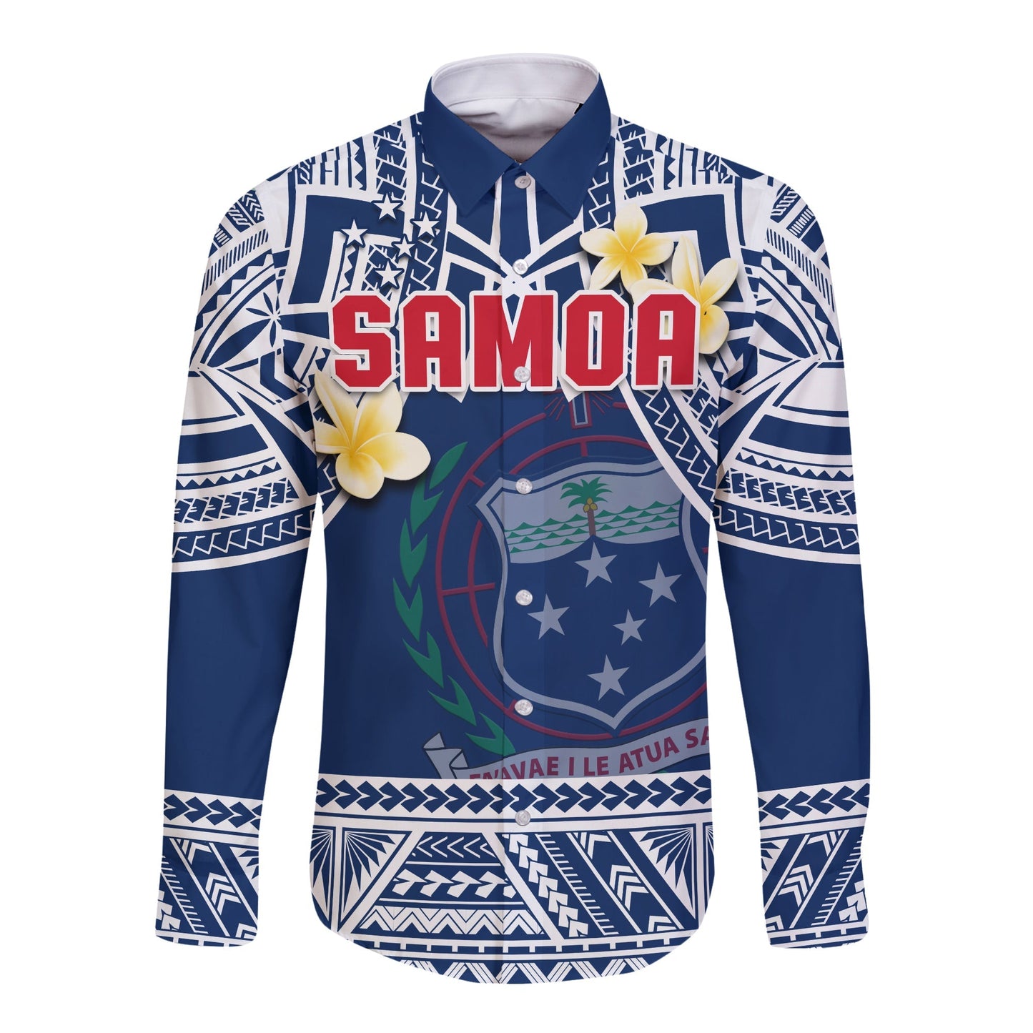 Samoa Long Sleeve Button Shirt Samoan Plumeria Flowers Mix Polynesian Pattern