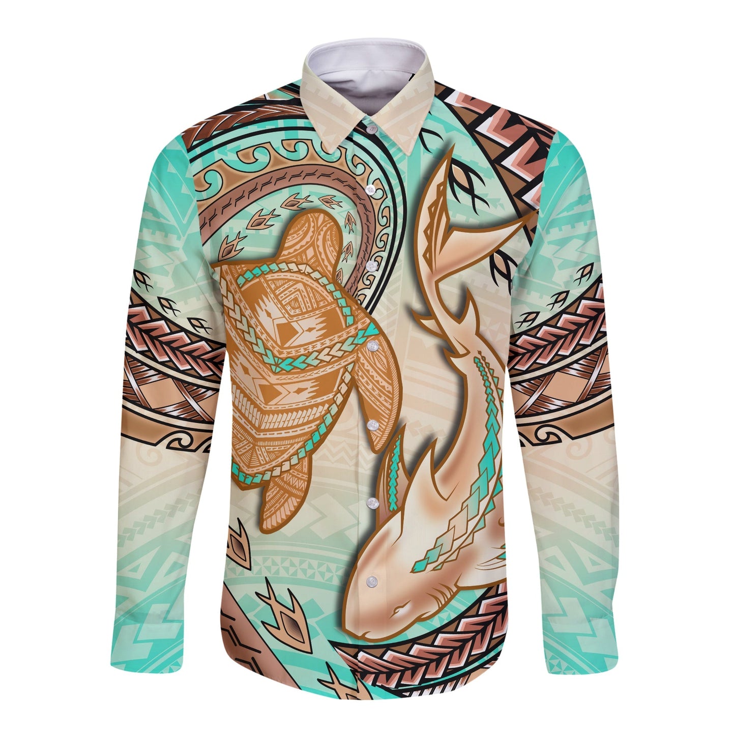 Hawaii Long Sleeve Button Shirt Polynesian Shark And Sea Turtle Dreamy Turquoise Artsy