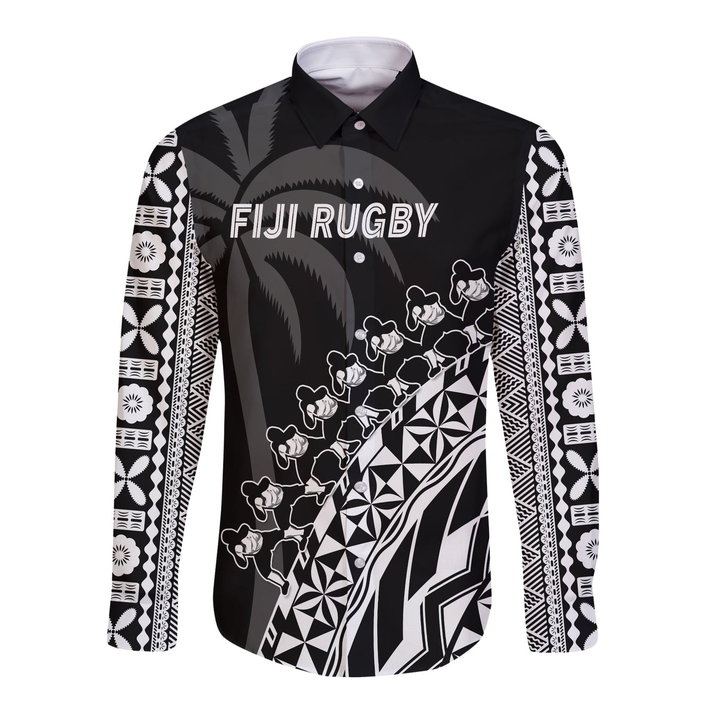 (Custom Text And Number) Fiji Rugby Long Sleeve Button Shirt Fijian Cibi Dance Tapa Pattern Black