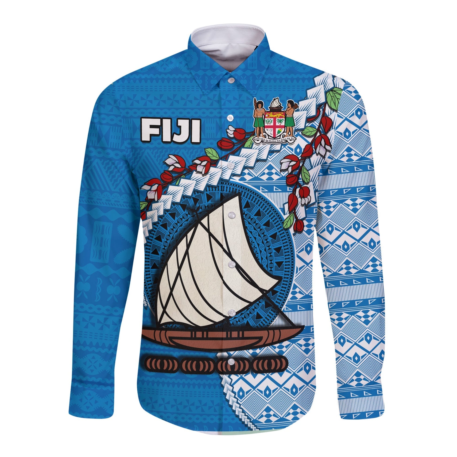 Fiji Long Sleeve Button Shirt Fijian Drua Mix Tagimaucia Flower Blue Style
